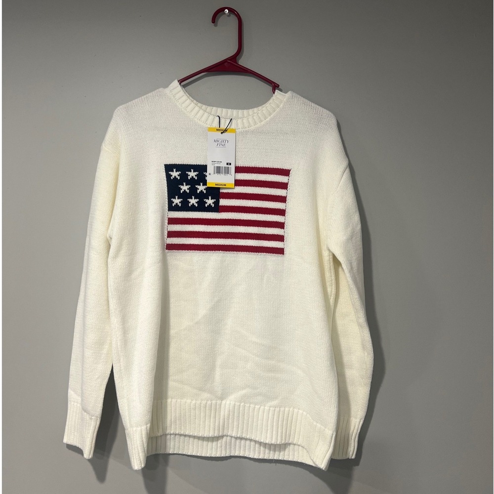 Mighty‎ Fine Womens American Flag Knit Sweater White Patriotic Crewneck Medium